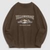 affordable Streetwear Yellow Stone Mountain Scenic Vintage Graphic Crewneck Sweatshirt - DEEP COFFEE L