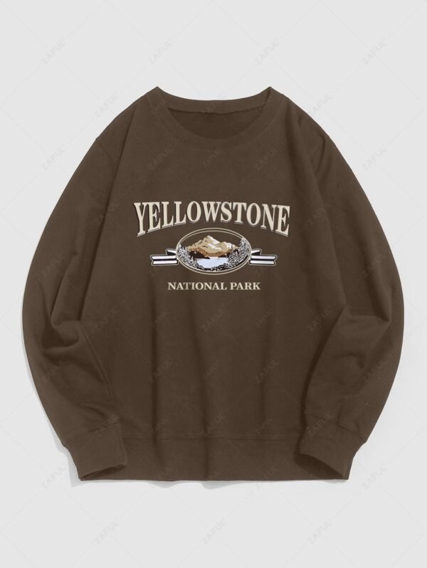 affordable Streetwear Yellow Stone Mountain Scenic Vintage Graphic Crewneck Sweatshirt - DEEP COFFEE L