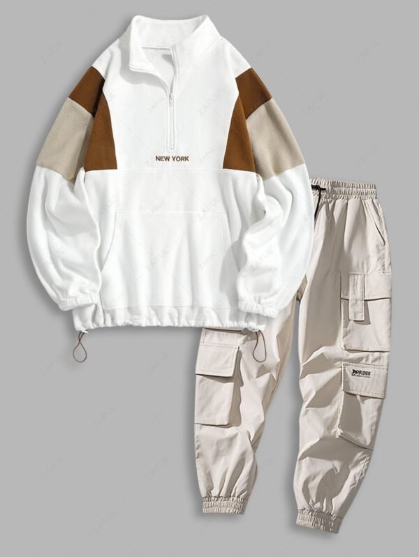 new Fluffy NEW YORK Embroidery Colorblock Half Zip Sweatshirt and Cargo Jogger Techwear Pants Set - MULTI-A ONE SIZE