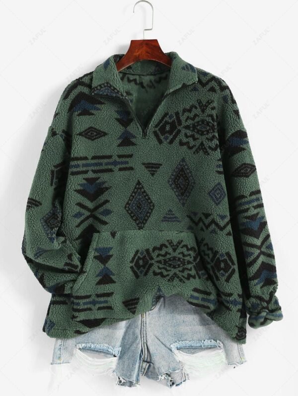 online ZAFUL Front Pocket Fluffy Quarter Zip Ethnic Aztec Printed Sweatshirt - DEEP GREEN L