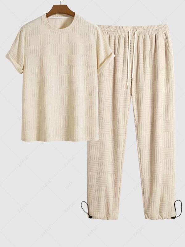 buy Men's Jacquard Towel Cloth Textured Short Sleeves T-shirt and Toggle Drawstring Geometric Jogger Sweatpants Set - LIGHT COFFEE ONE SIZE