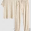 buy Men's Jacquard Towel Cloth Textured Short Sleeves T-shirt and Toggle Drawstring Geometric Jogger Sweatpants Set - LIGHT COFFEE ONE SIZE