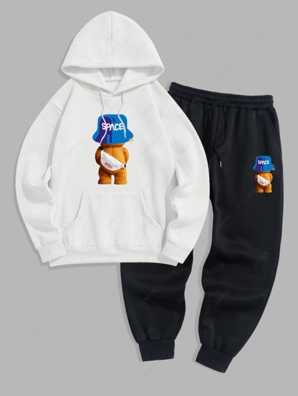 lady Men's Cartoon Bear SPACE Graphic Pattern Thermal Fleece-lined Kangaroo Pocket Pullover Hoodie and Drawstring Jogger Pants Sports Set - WHITE 2XL