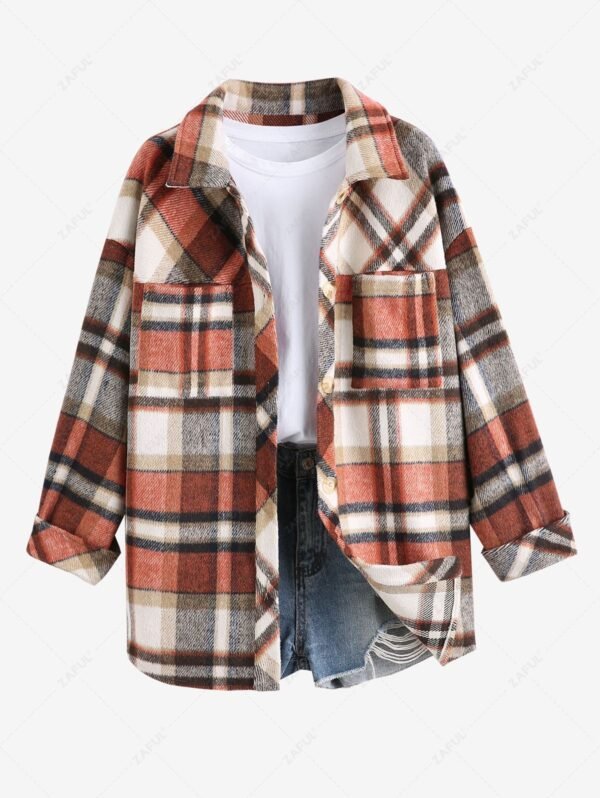 best ZAFUL Women's Plaid Wool Blend Pocket Drop Shoulder Button Up Turn Down Collar Shacket - LIGHT COFFEE S