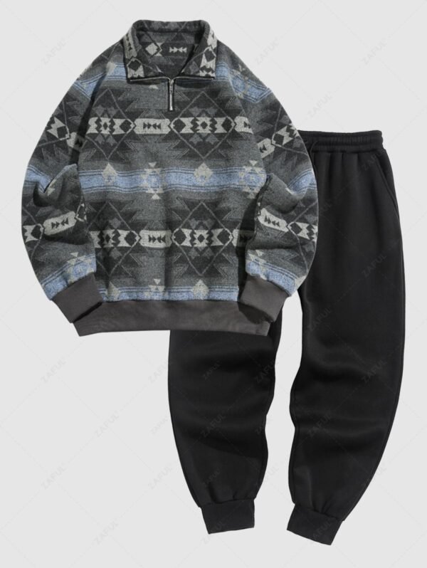 new Men's Daily Ethnic Aztec Jacquard Half Zip Turn Down Collar Contrast Trim Pullover Sweatshirt and Solid Color Thermal Fleece-lined Casual Sweatpants Set - LIGHT BLUE ONE SIZE