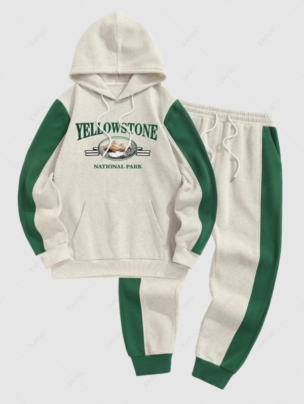outfit Men's YELLOWSTONE NATIONAL PARK Letter Mountain Pattern Fleece-lined Kangaroo Pocket Pullover Hoodie and Colorblock Slant Pocket Drawstring Beam Feet Jogger Pants Set - LIGHT GRAY ONE SIZE