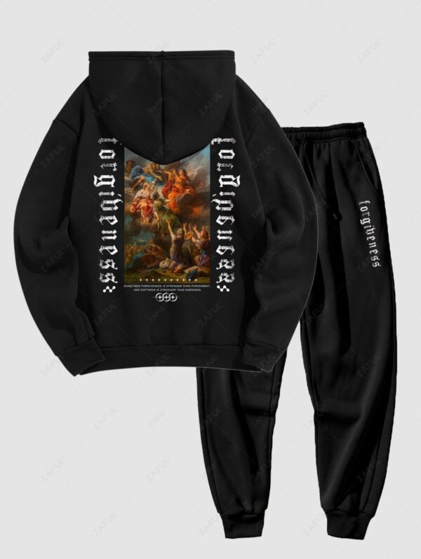 new Men's Matching Co Ord Sweatsuit Letter Angel Graphic Printed Drawstring Front Pocket Thermal Fleece Lined Hoodie and Beam Feet Jogger Pants Two Piece Set - BLACK XXL