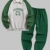 womens Men's Vintage Quarter Button Polo Collar CALIFORNIA Letter Baseball Graphic Embroidery Raglan Sleeves Colorblock Fleece Lined Sweatshirt and Solid Color Casual Sweatpants Set - GREEN ONE SIZE