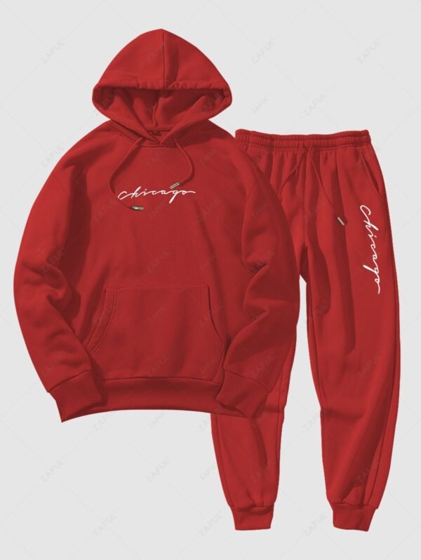 fashion Men's Fleece Thermal Lined Casual Chicago Letter Kangaroo Pocket Basic Hoodie Drawstring Jogger Sweatpants Matching Two Piece Set - RED XXL