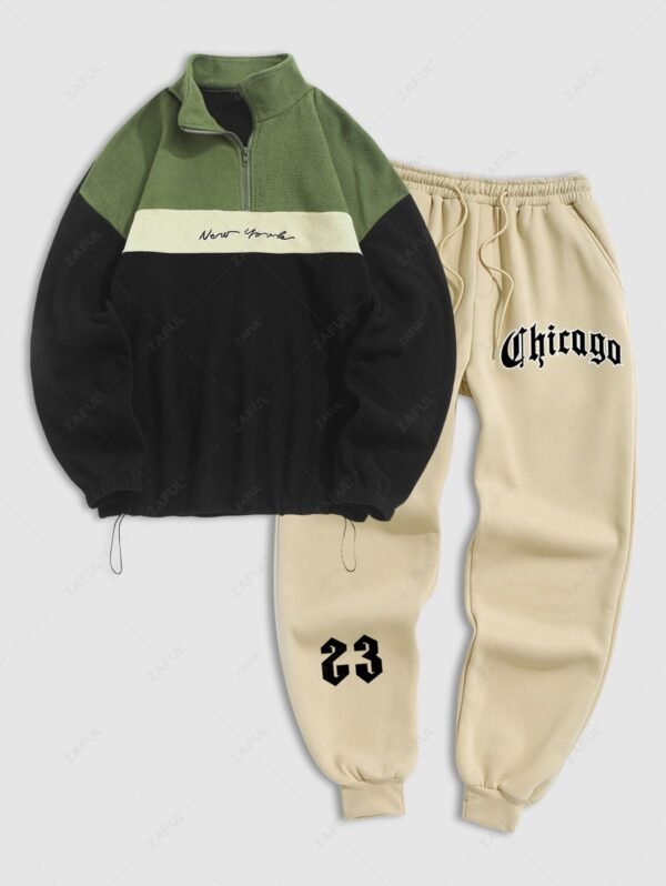 new Men's Toggle Drawstring Hem New York Letter Embroidery Colorblock Quarter Zip Polar Fleece Sweatshirt Chicago Fleece-lined Jogger Sweatpants Two Piece Set - LIGHT COFFEE ONE SIZE