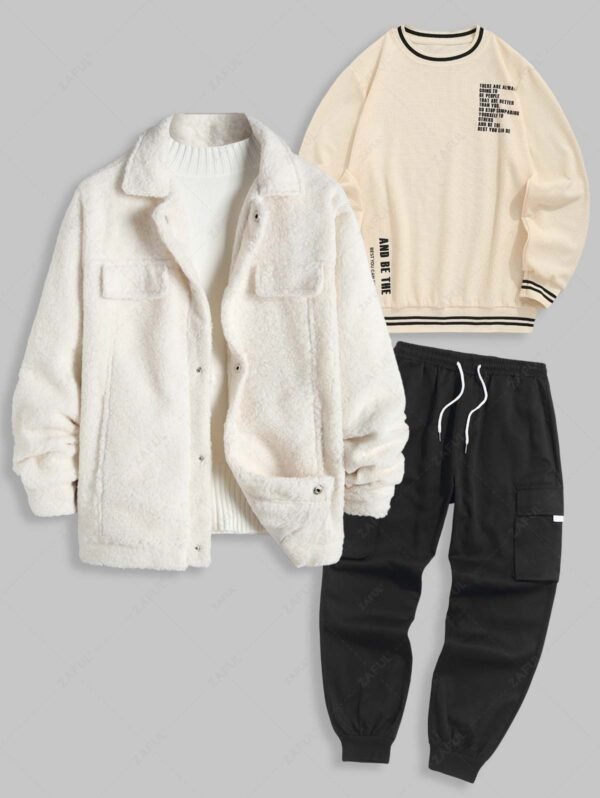 latest Men's Daily Winer Outfits Fluffy Polar Fleece Button Fly Jacket and Letter Slogan Textured Sweatshirt and Streetwear Techwear Jogger Cargo Pants Set - MULTI-A ONE SIZE