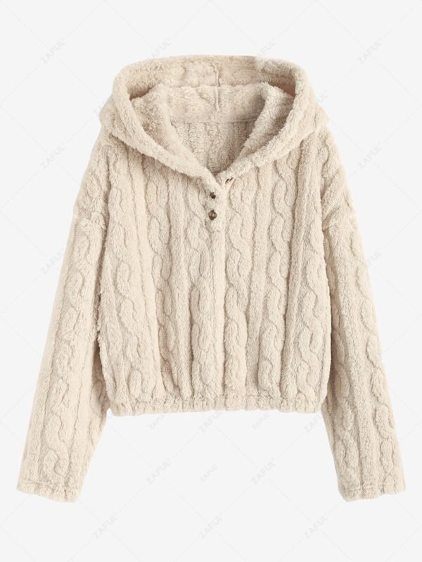 outfits ZAFUL Women's Fluffy Fuzzy Faux Fur Cable Jacquard Textured Half Button Short Pullover Daily Casual Hoodie - LIGHT COFFEE M