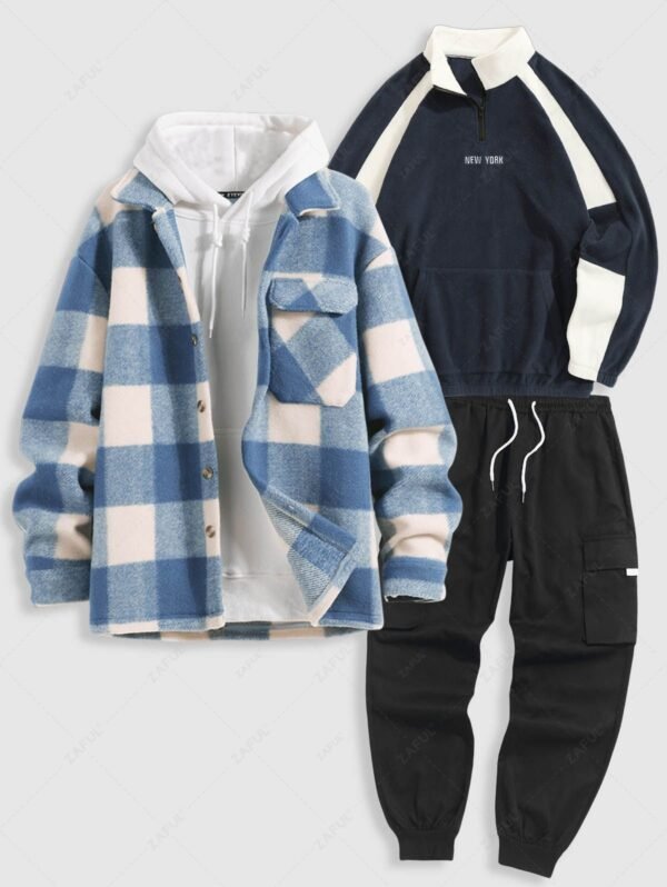 women's Men's Checked Plaid Colorblock Pocket Woolen Coat and Colorblock NEW YORK Embroidered Quarter Zip Polar Fleece Sweatshirt and Streetwear Techwear Jogger Cargo Pants Set - BLUE ONE SIZE