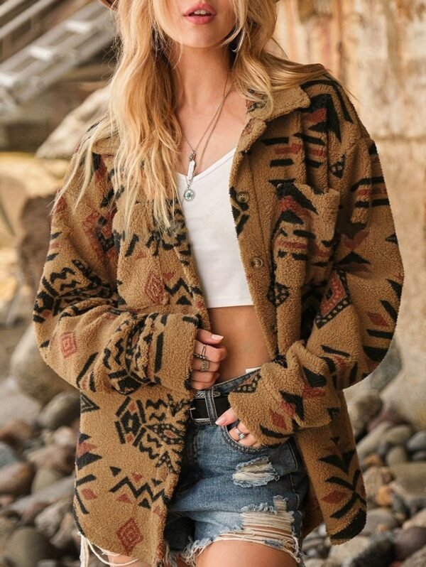new Women's Ethnic Aztec Print Faux Fur Button Up Turn Down Collar Jacket - COFFEE L