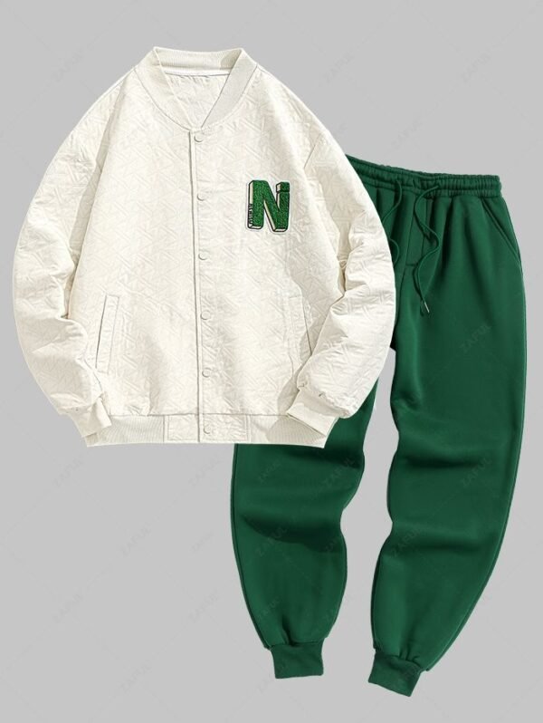 shops Men's College Style Solid Color Jacquard Texture Alphabet Embroidered Appliques Baseball Collar Jacket and Thermal Fleece-lined Sweatpants Set - DEEP GREEN ONE SIZE