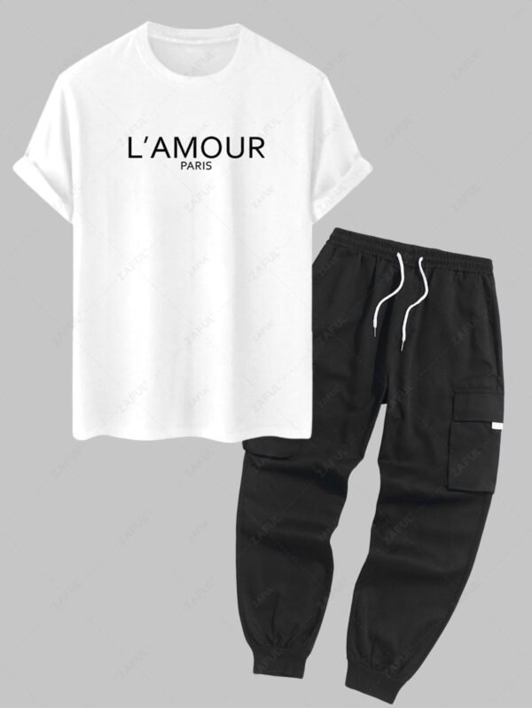 shops Men's PARIS Letter Printed Short Sleeves T-shirt and Streetwear Casual Techwear Jogger Cargo Pants Set - BLACK ONE SIZE