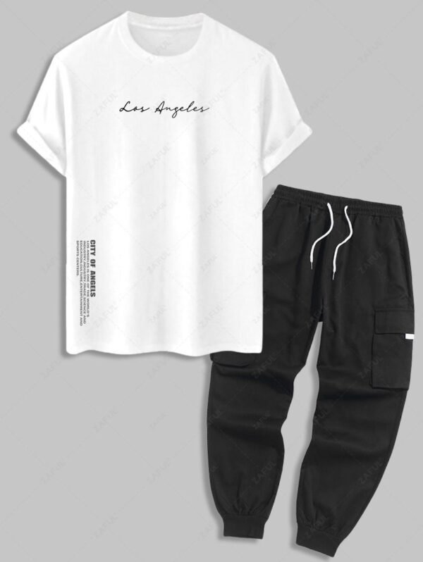 outfits Men's Los Angeles Letter Graphic Printed Short Sleeves T-shirt and Streetwear Casual Techwear Jogger Cargo Pants Set - WHITE ONE SIZE