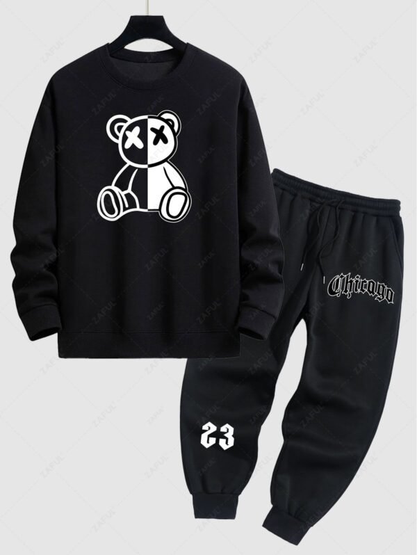shops Men's Two Tone Bear Graphic Crew Neck Pullover Sweatshirt And Letter Printed Fleece-lined Ribbed Beam Feet Drawstring Jogger Pants Set - BLACK ONE SIZE