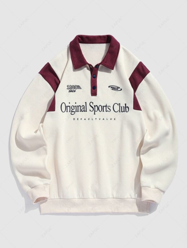 best Men's Colorblock Letter Number Graphic Embroidered Fuzzy Fleece-lined Half Buttoned Long Sleeve Polo Collar Pullover Sweatshirt - CHAMPAGNE M