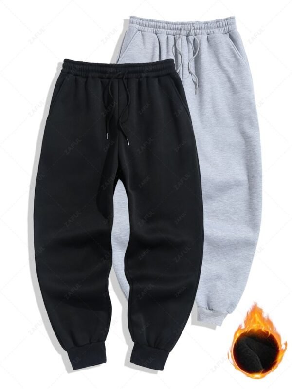 shop Men's Minimalist Style Solid Color Fuzzy Fleece-lined Drawstring Jogger Sweatpants(2PCS Set) - BLACK 2XL