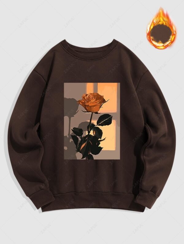 latest Men's Floral Rose Graphic Printed Fuzzy Fleece-lined Crew Neck Pullover Sweatshirt - DEEP COFFEE M