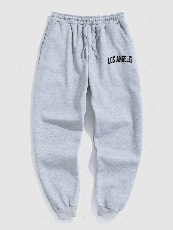 outfit Men's Minimalist Style Letter LOS ANGELES Pattern Fuzzy Fleece-lined Drawstring Jogger Sweatpants - GRAY S