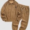 latest Men's Striped Patch Design Quarter Zip Stand Collar Corduroy Sweatshirt And Ribbed Drawstring Beam Feet Sweatpants Set - COFFEE ONE SIZE