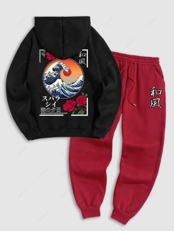 chic Men's Japanese Sea Wave Sun Rose Pattern Fuzzy Fleece-lined Kangaroo Pocket Design Pullover Hoodie And Drawstring Jogger Sweatpants Set - BLACK ONE SIZE