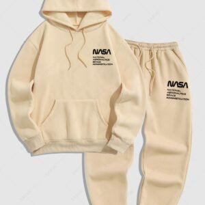 women Men's Casual Letter Pattern Fuzzy Fleece-lined Kangaroo Pocket Design Pullover Hoodie And Drawstring Jogger Sweatpants Set - LIGHT COFFEE M