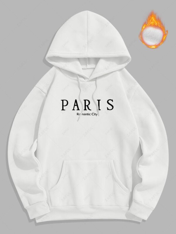 trendy Men's Casual Letter PARIS Romantic City Pattern Fuzzy Fleece-lined Kangaroo Pocket Design Pullover Hoodie - WHITE M