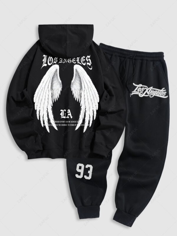 shops Men's Letter Slogan Wings Pattern Kangaroo Pocket Pullover Hoodie And Drawstring Jogger Sweatpants Set - BLACK ONE SIZE
