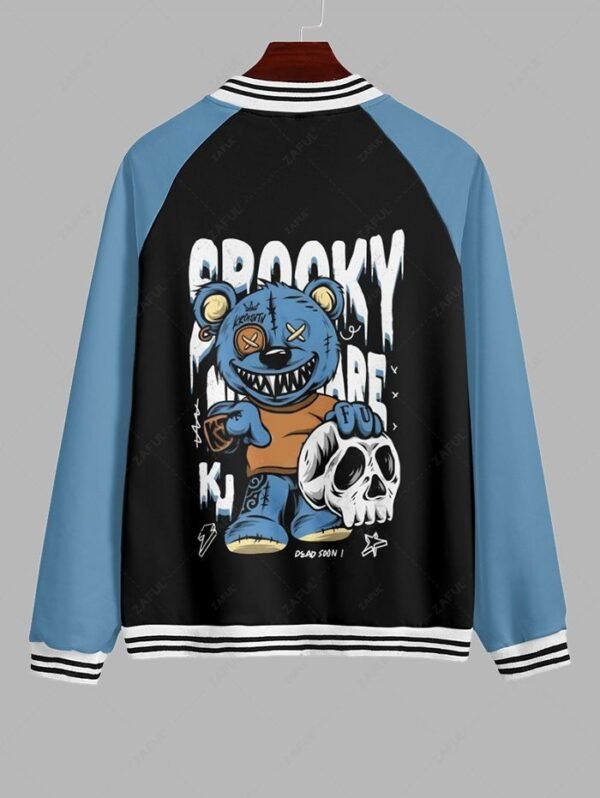 trendy Men's Colorblock Skull Bear Letters Print Contrast Striped Trim Single-breasted Baseball Jacket - BLUE S